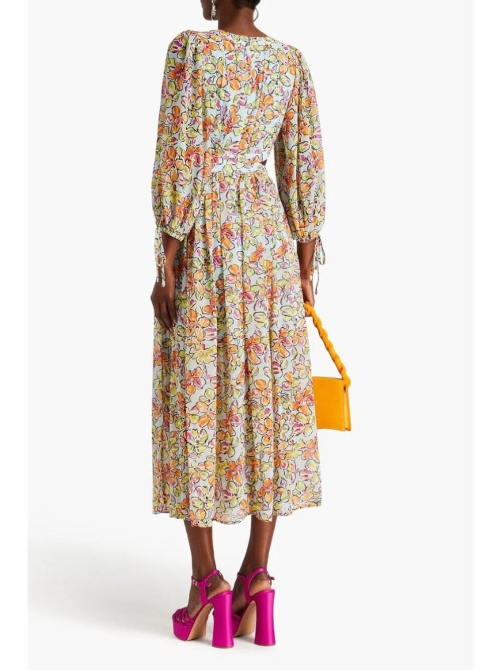 Maje Risofa Long Sleeve Maxi Dress Orange Blue Hibiscus Floral Cutout Size 8 NWT - Picture 2 of 3